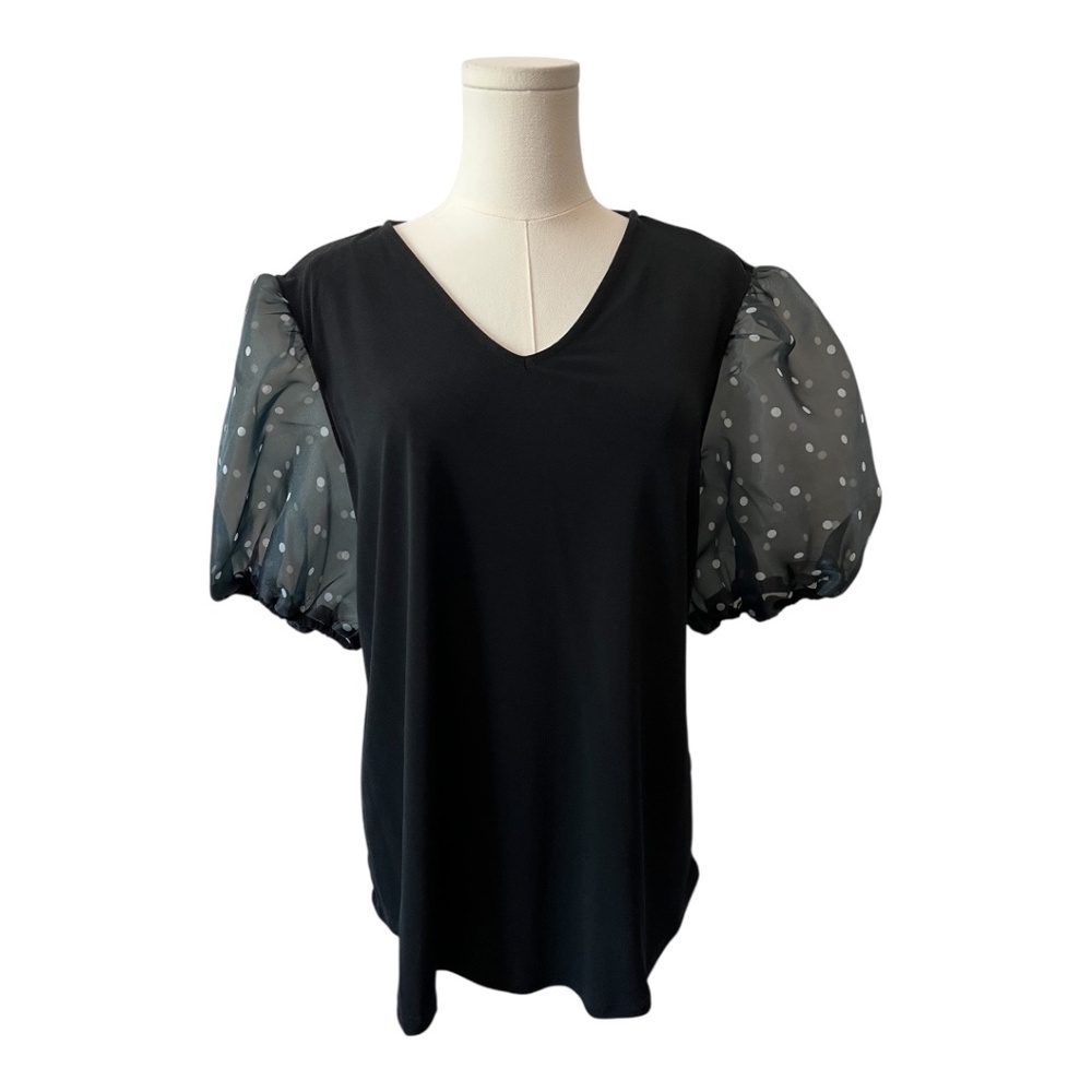 👚 EUC ADRIANNA PAPELL Black V-Neck Polka Dot Sleeve Top | Size L